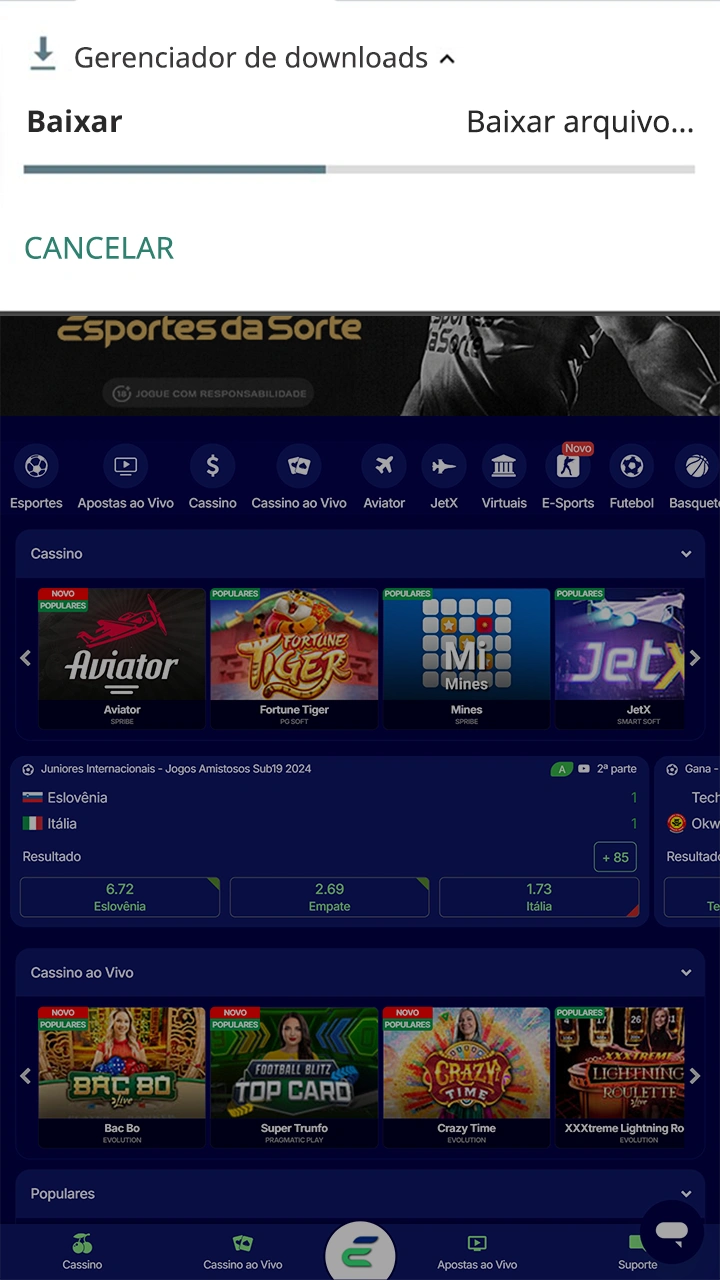 Conclua a instalação do aplicativo Esportes da Sorte para Android.
