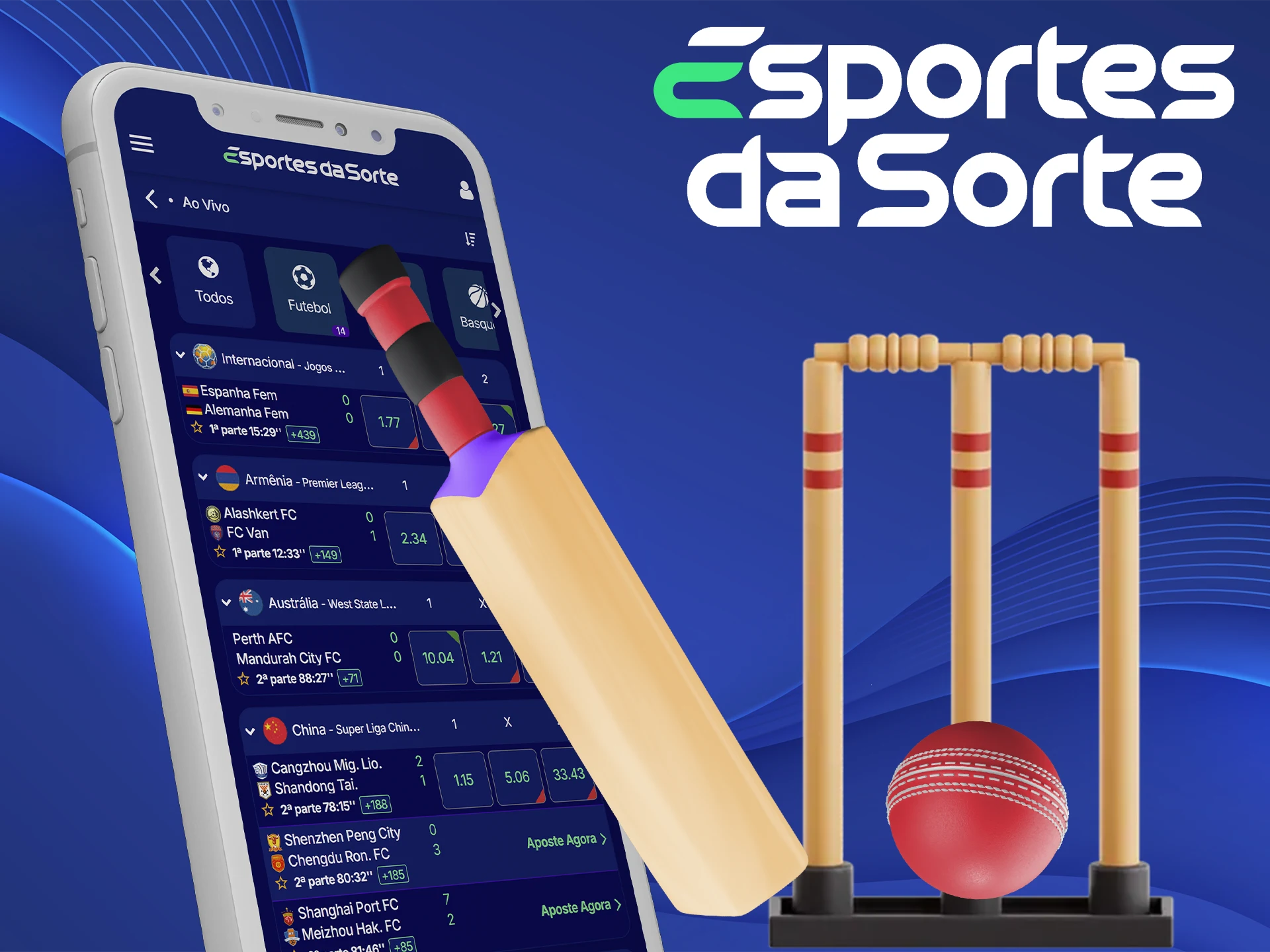 Aposte em críquete por meio do aplicativo móvel Esportes da Sorte.