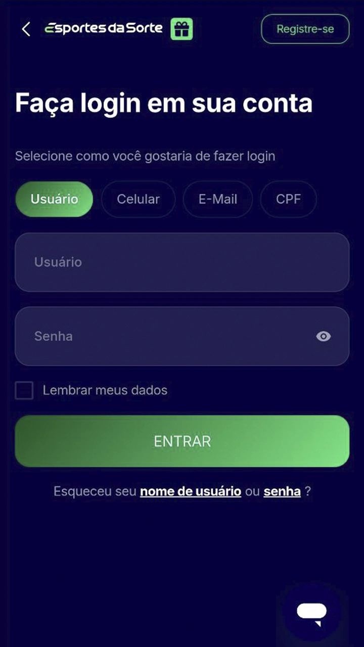 Faça login em sua conta para fazer um depósito no Esportes da Sorte.