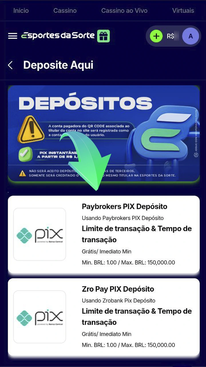 Escolha o método de pagamento pelo qual você deseja depositar fundos em sua conta do Esportes da Sorte.