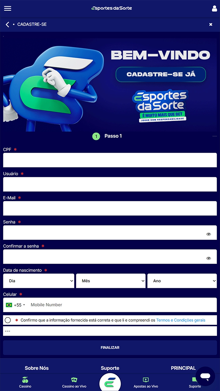 Encontre o formulário de registro do Esportes da Sorte para criar uma conta.
