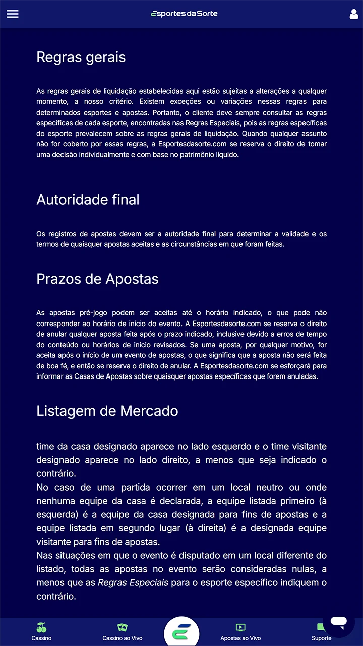 Antes de se registrar, leia as regras da plataforma Esportes da Sorte.