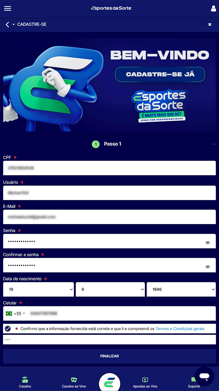 Ao se registrar no Esportes da Sorte, preencha os dados corretamente.