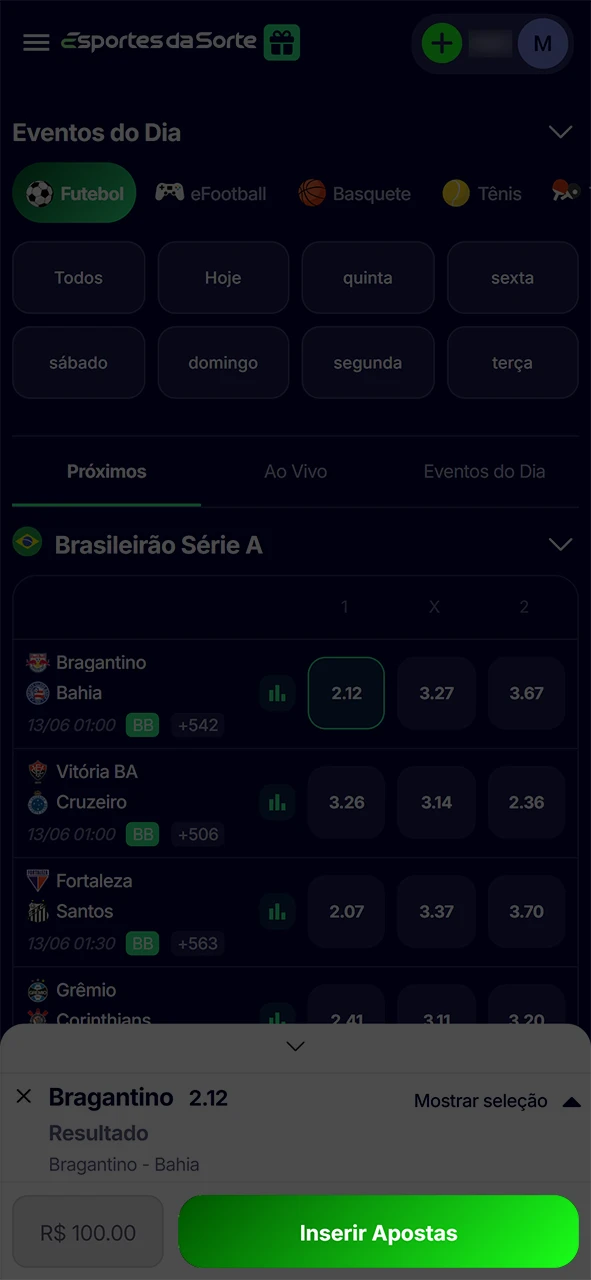 Clique no botão para apostar no Esportes da Sorte.