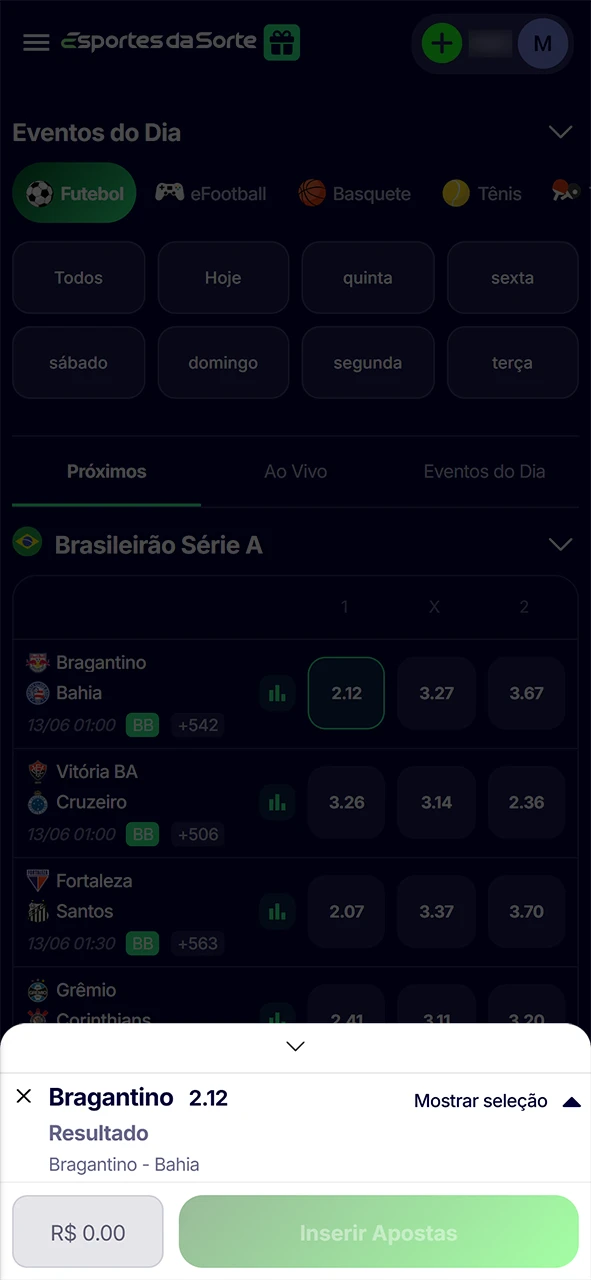 Especifique o tipo e o valor da aposta Esportes da Sorte.