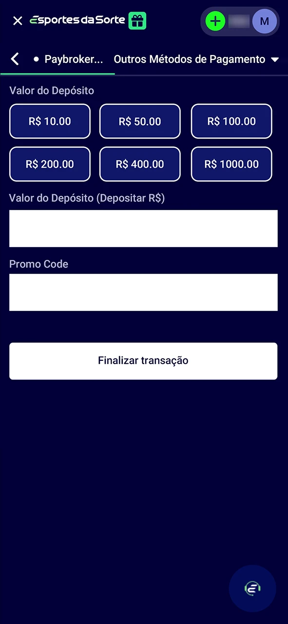 Deposite fundos em sua conta Esportes da Sorte.