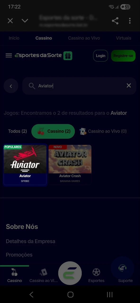 Abra o jogo Aviator no Esportes da Sorte.