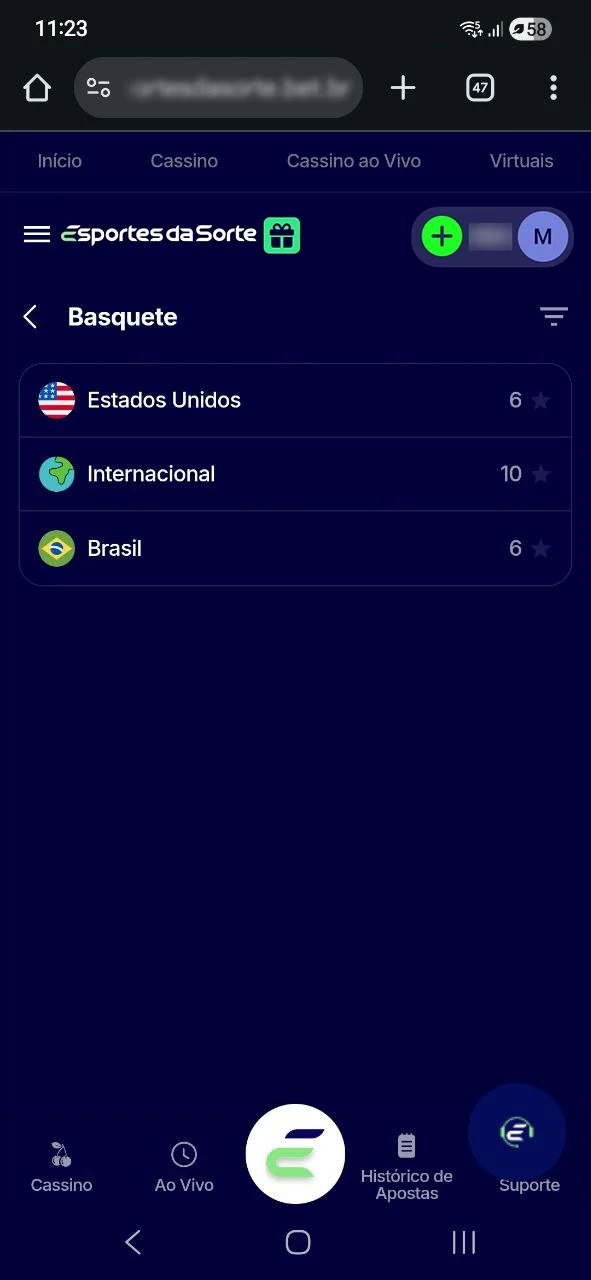 Acesse a seção basquete e filtre o jogo que deseja no Esportes da Sorte.