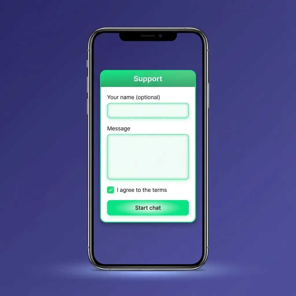 Tela do app Esportes da Sorte em iPhone mostrando opções de atendimento: chat ao vivo, e-mail, FAQ e suporte ao usuário brasileiro