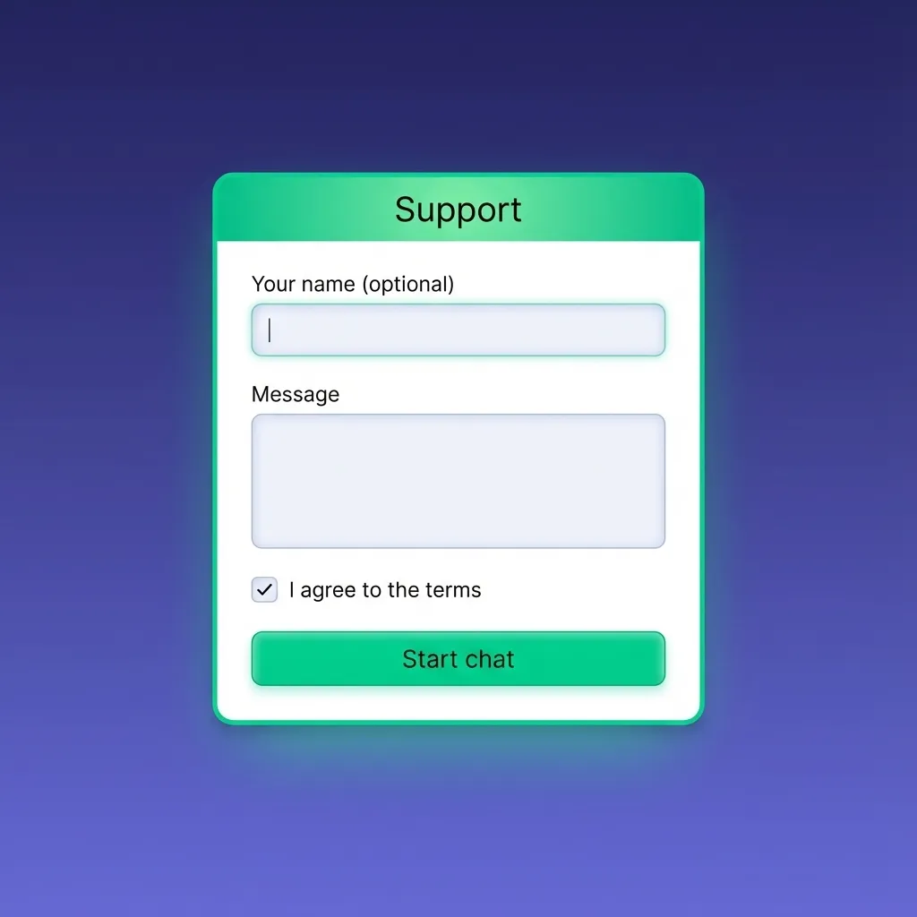 Tela de desktop exibindo site de suporte com opções de chat ao vivo, e-mail, formulário de contato e ícones de redes sociais