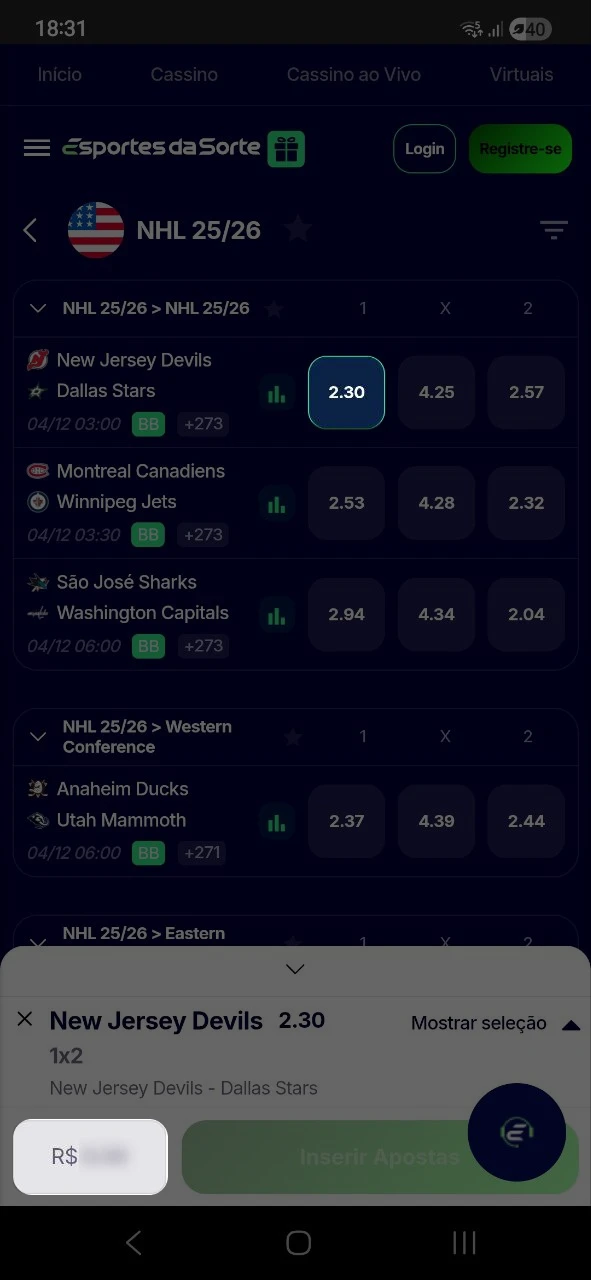 Escolha as cotações de hóquei no Esportes da Sorte.