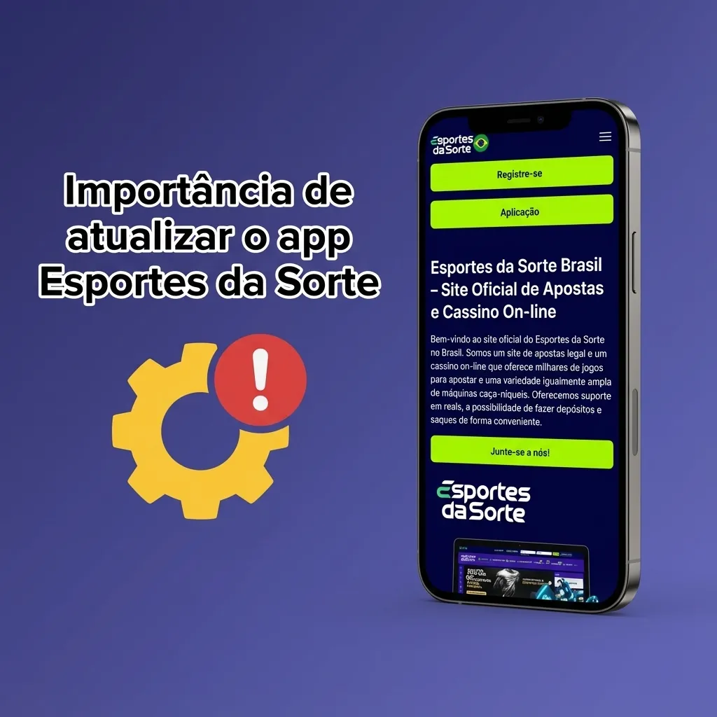 Ilustração de usuário atualizando o app Esportes da Sorte no celular, com ícones de segurança, velocidade e novos recursos.