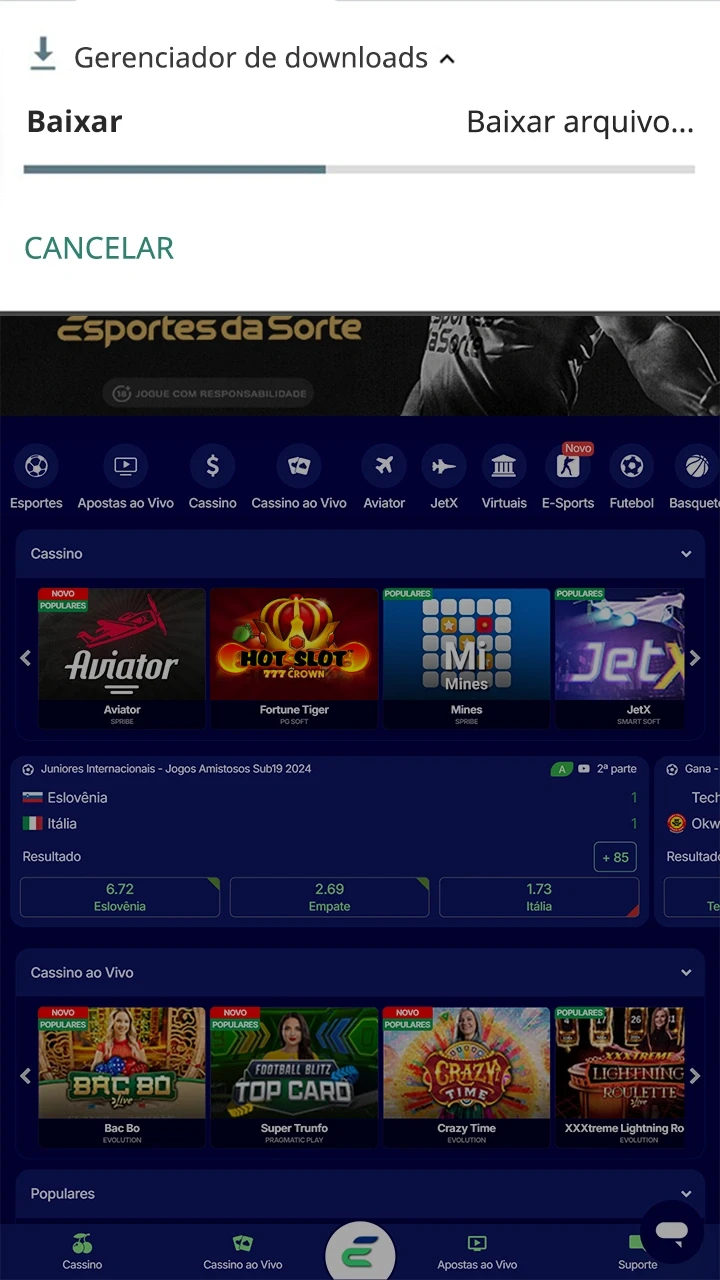 Conclua a instalação do aplicativo Esportes da Sorte para Android.