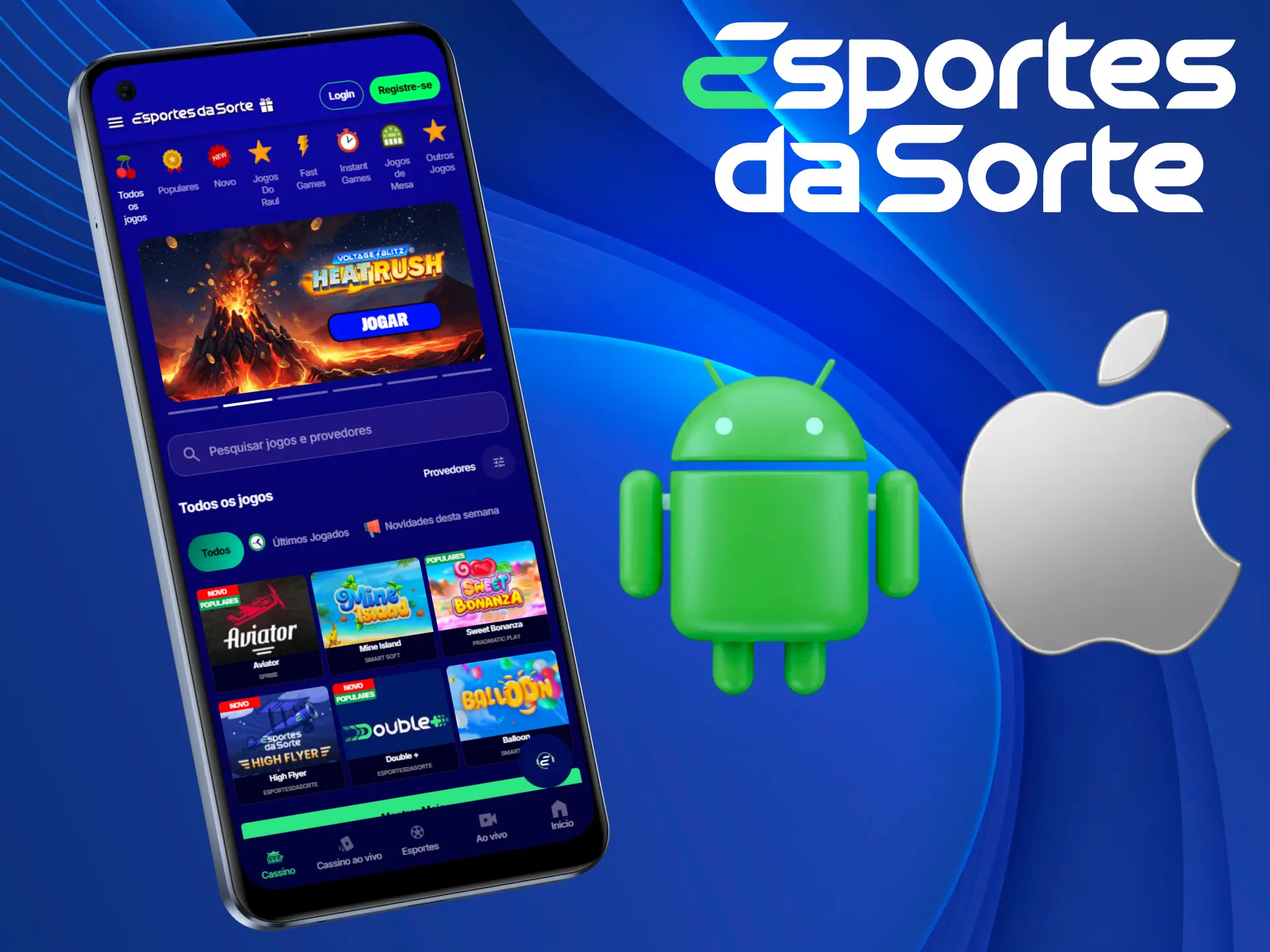 Baixe o aplicativo mobile e jogue seus Slots favoritos em qualquer lugar com Esportes da Sorte.
