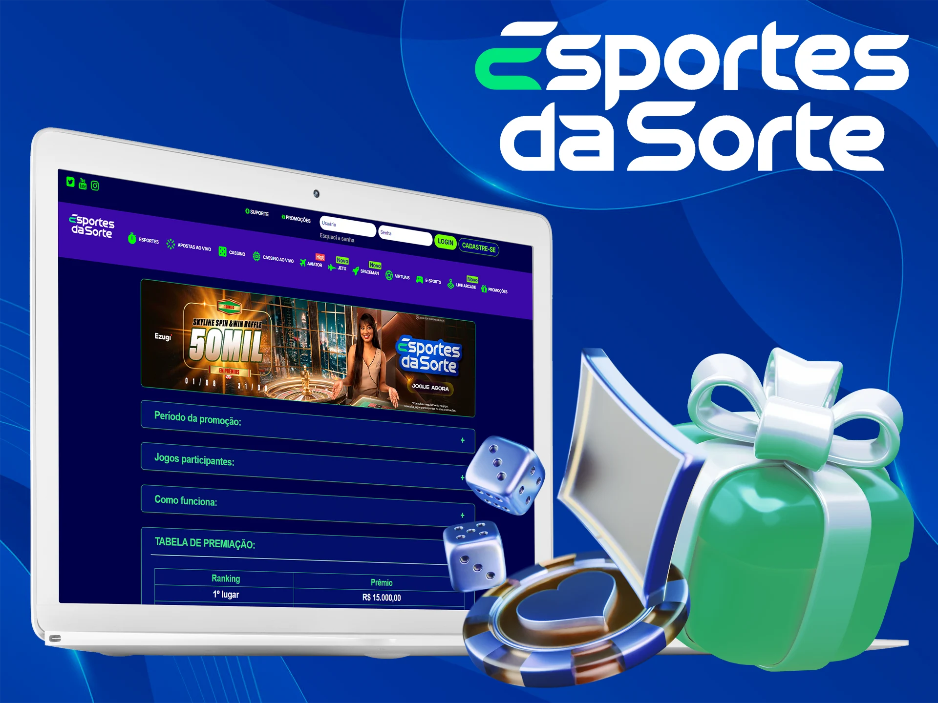 Cadastre-se no Esportes da Sorte e ganhe um bônus de cassino.