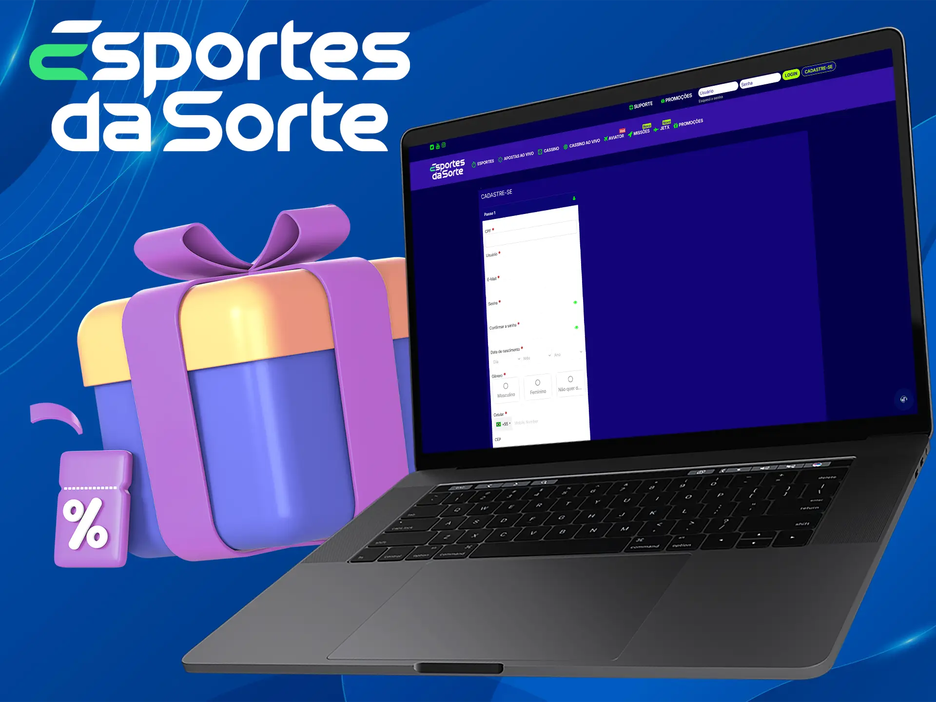 Insira o código promocional ao se registrar no Esportes da Sorte e ganhe o bônus.