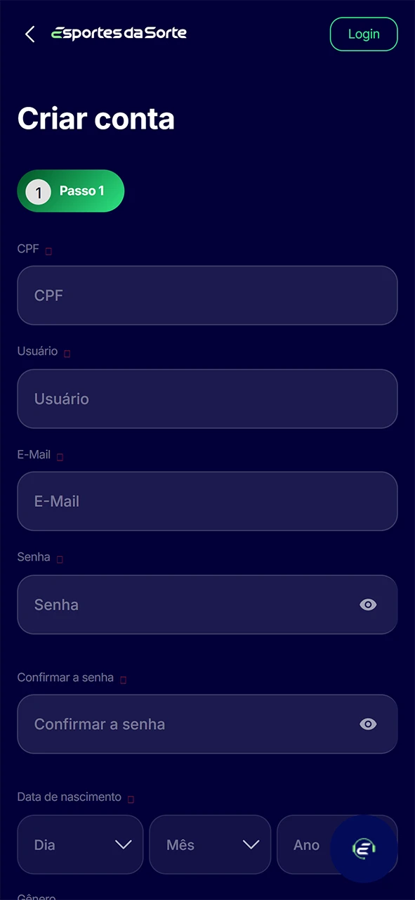 Crie uma conta no Esportes da Sorte.