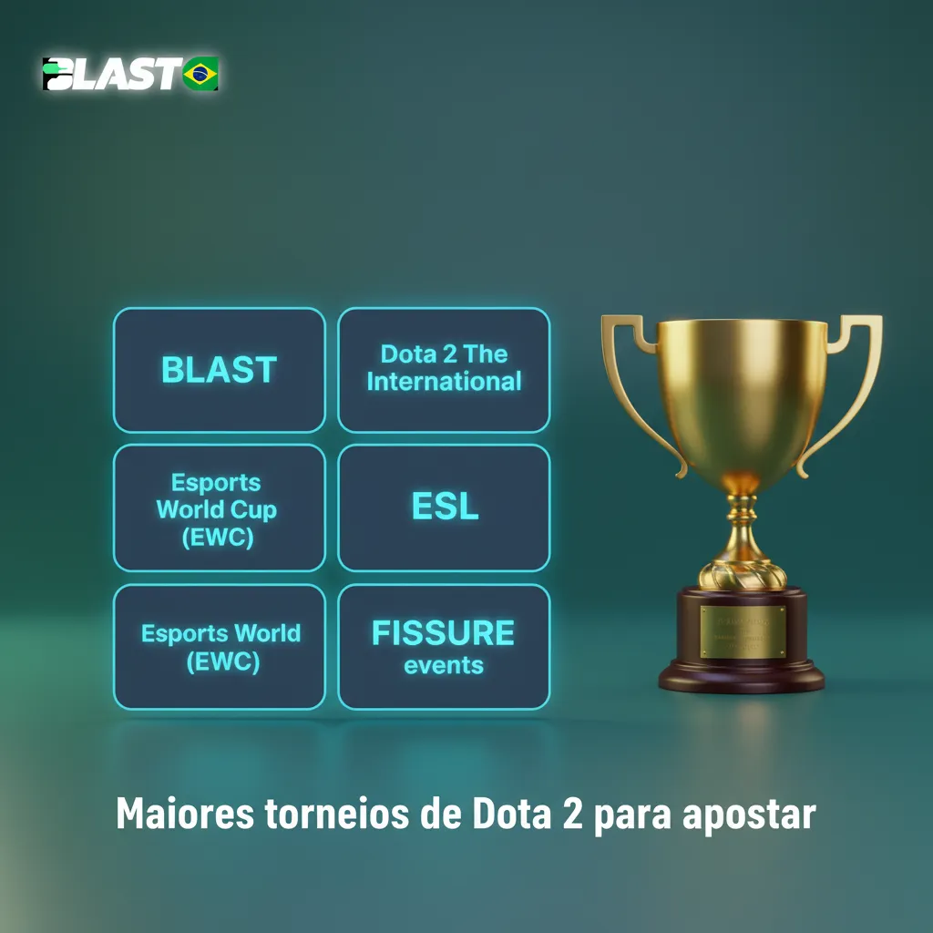 Banner de Dota 2 com logos de The International, BLAST, ESL, EWC, PGL e FISSURE, destacando torneios para apostar