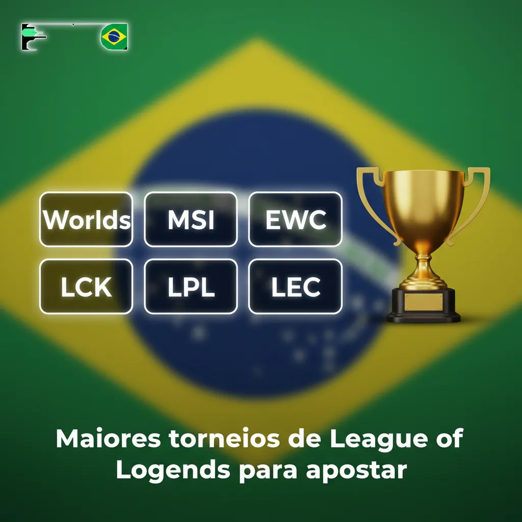Banner dos maiores torneios de League of Legends para apostar: Worlds, MSI, EWC, LCK, LPL, LEC e CBLOL.