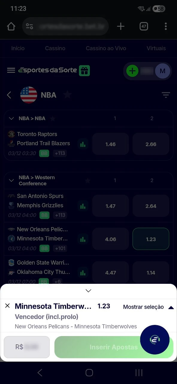 Informe o valor e confirme sua aposta em basquete no Esportes da Sorte.