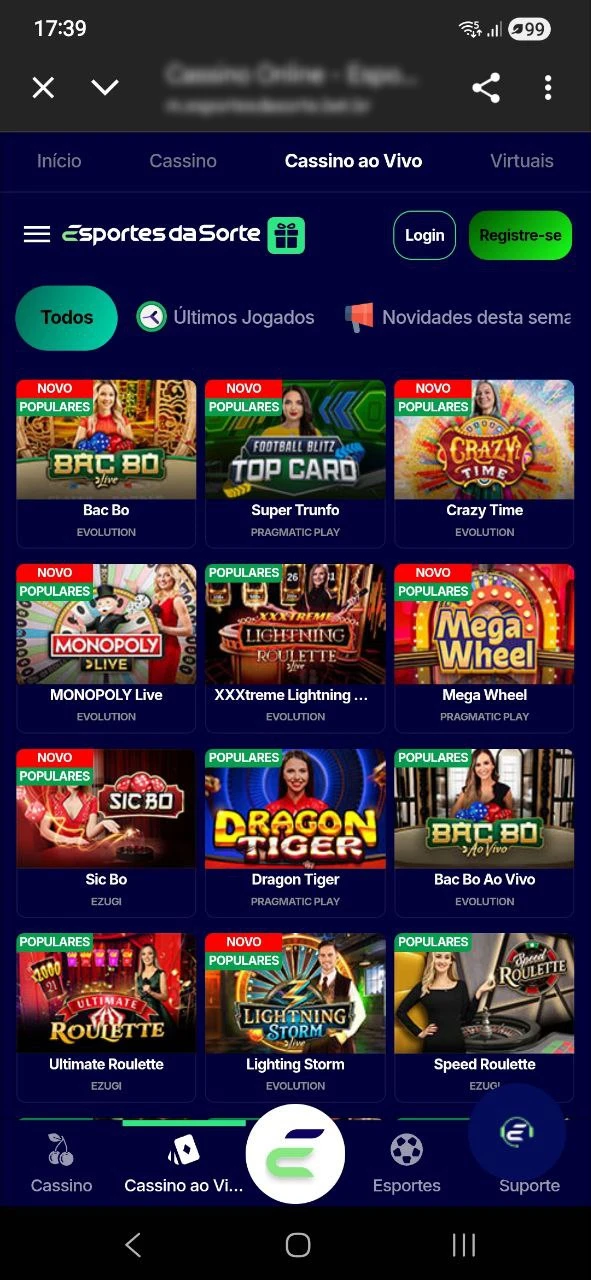 Vá até a mesa desejada e comece a vencer no cassino ao vivo do Esportes da Sorte.