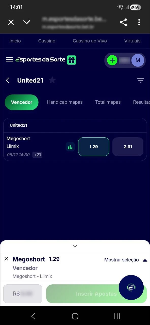 Escolha o mercado, insira o valor e valide sua aposta em CS2 nos Esportes da Sorte.