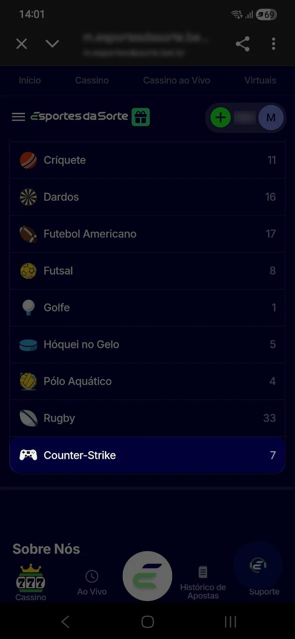 Acesse Esports no menu para escolher as cotações de CS2 no Esportes da Sorte.