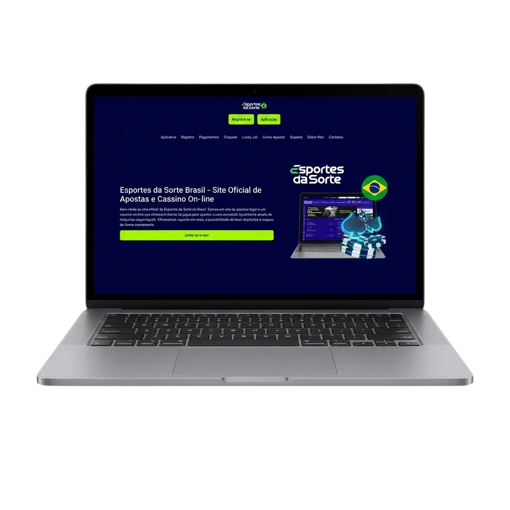 Tela inicial do app Esportes da Sorte em notebook, com opções de apostas esportivas, cassino, roleta e slots para Windows e macOS