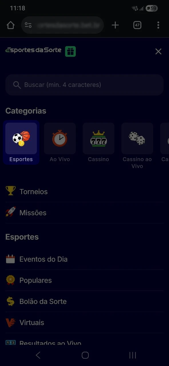 Aperte o botão para acessar a página de esportes no Esportes da Sorte.