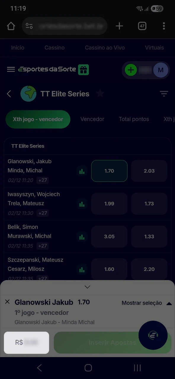 Defina o valor da aposta em esportes no Esportes da Sorte.