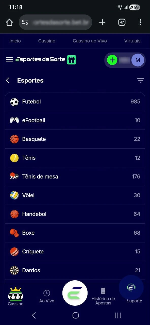 Escolha o esporte, campeonato e jogo no Esportes da Sorte.