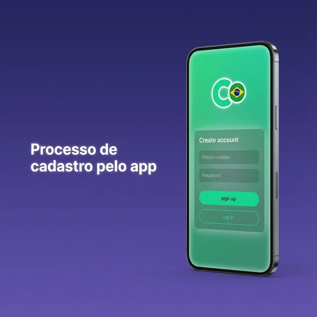 Tela de smartphone exibindo aplicativo de apostas, com passos numerados para cadastro rápido de conta pelo celular