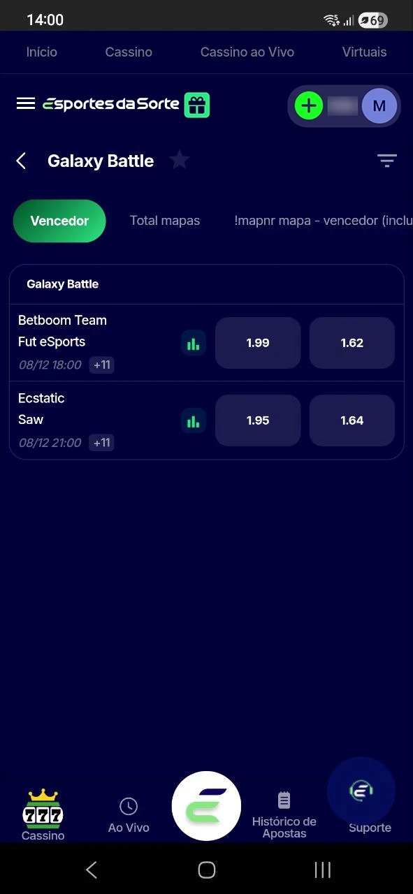 Selecione o jogo e o mercado desejado para sua aposta em E-sports no Esportes da Sorte.