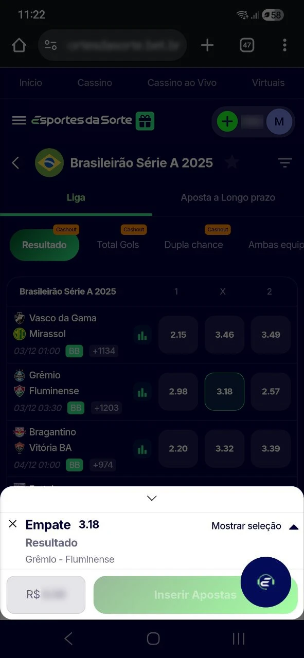 Defina o valor e confirme sua aposta em futebol no Esportes da Sorte.