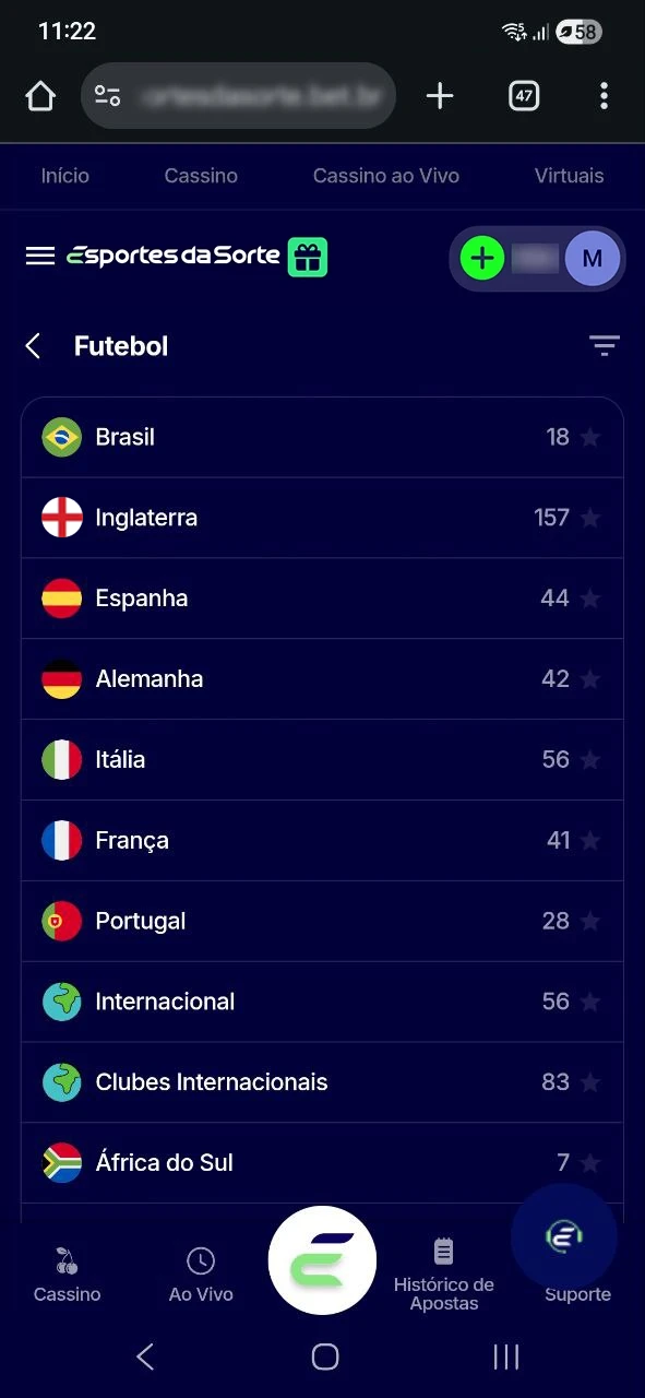 Selecione o campeonato e a partida de futebol nos Esportes da Sorte.