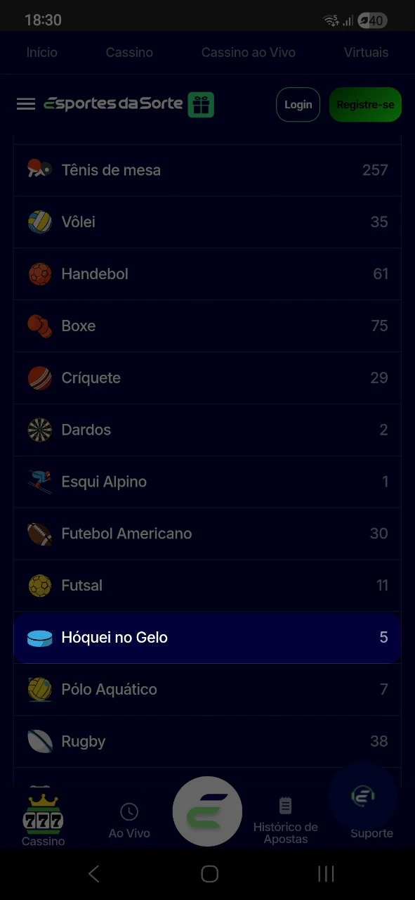 Escolha a liga e a partida no hóquei no Esportes da Sorte.