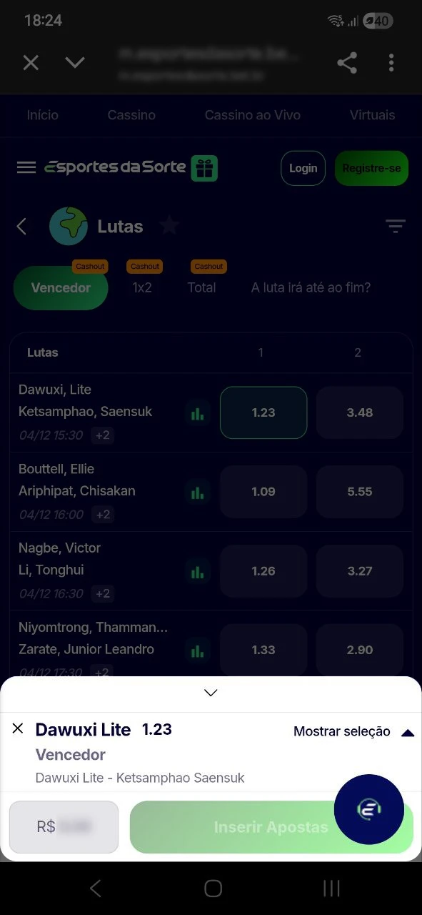 Insira o valor e confirme sua aposta em MMA para vencer no Esportes da Sorte.