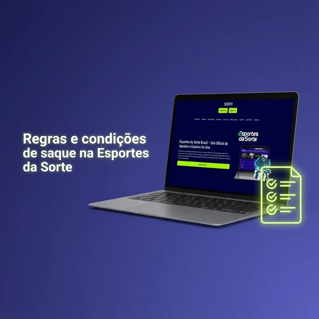 Ilustração de regras de saque na Esportes da Sorte, com ícones de segurança, identidade, limites e bônus em destaque