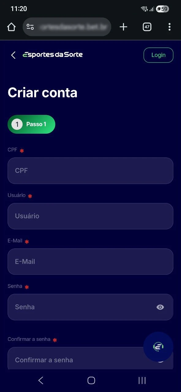 Crie sua conta e valide o CPF para apostar em tênis no Esportes da Sorte.