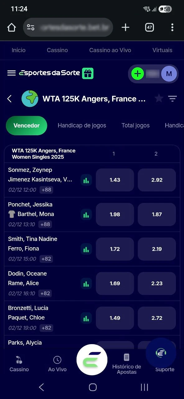 Escolha o mercado para definir sua aposta em tênis no Esportes da Sorte.