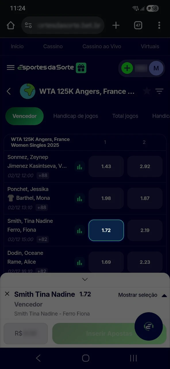 Escolha as odds que deseja ao apostar em tênis no Esportes da Sorte.