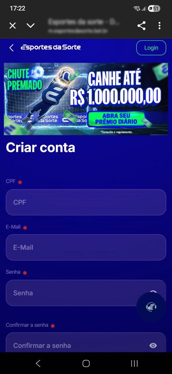 Formulário de cadastro e verificação de conta na Esportes da Sorte.